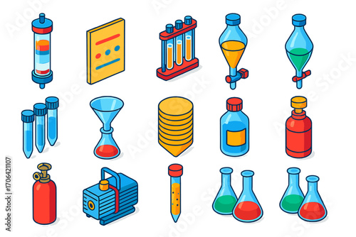 Chromatography Tools Icons. Isometric vector illustration set Chromatography and separation tools: chromatography column, TLC