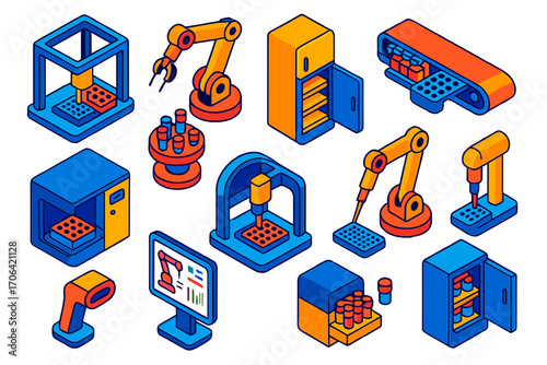 Laboratory Robotics Icons. Isometric vector illustration set Laboratory robotics: automated liquid handler, robotic arm, sample