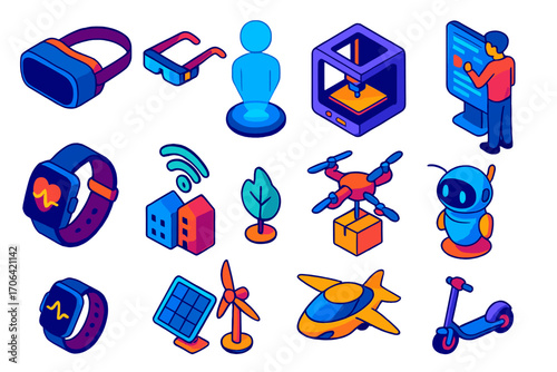 Futuristic Tech Icons. Isometric vector illustration set Digital innovation: VR headset, AR glasses, hologram projection, 3D