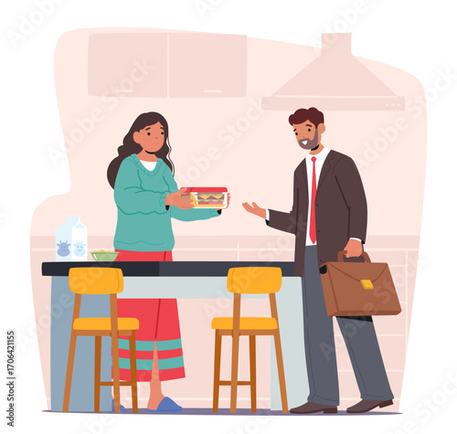 Happy family couple daily morning routine cartoon scene with wife taking to work her husband