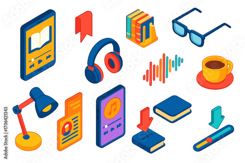 Audiobook Learning Essentials. Isometric vector illustration set Audiobook learning: tablet with audiobook app, headphones,