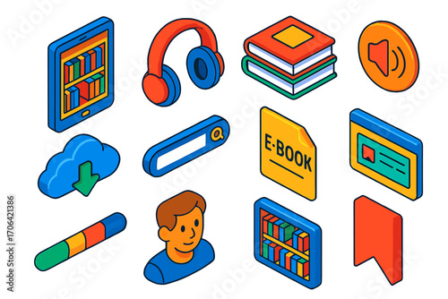 Digital Library Icons. Isometric vector illustration set Digital library: tablet with library app, over-ear headphones, stack of