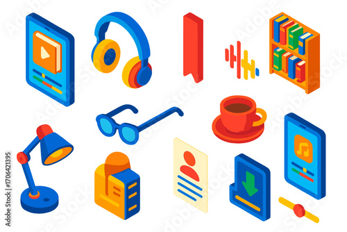 Audiobook Learning Essentials. Isometric vector illustration set Audiobook learning: tablet with audiobook app, headphones,