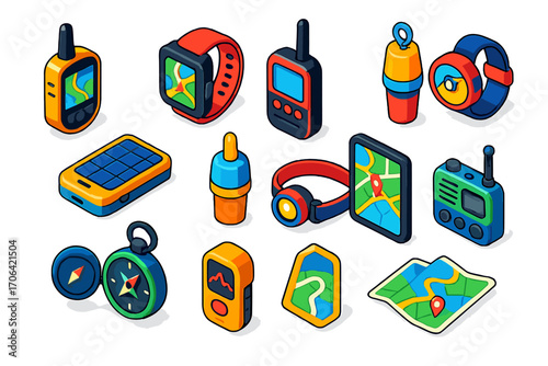 Navigation Gadgets Icons. Isometric vector illustration set Navigation gadgets: handheld GPS, smartwatch with map, walkie-talkie,