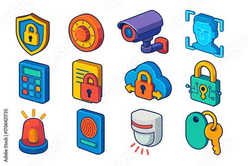 Security Icons Set. Isometric vector illustration set security: shield with lock symbol, combination safe lock, bullet camera,
