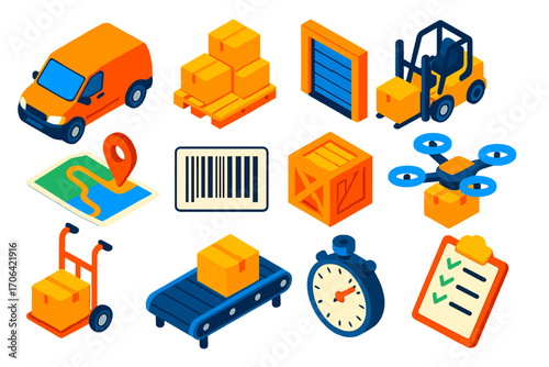 Logistics Icon Set. Isometric vector illustration set logistics and delivery: cargo van, pallet stack, warehouse door, forklift,