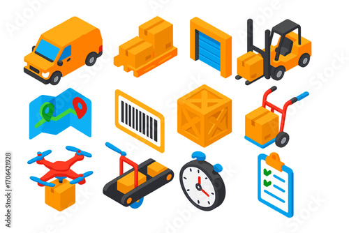 Logistics Icon Set. Isometric vector illustration set logistics and delivery: cargo van, pallet stack, warehouse door, forklift,