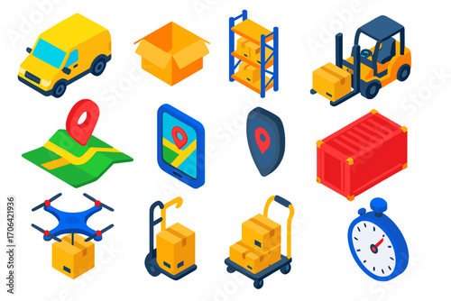 Logistics Icons Set. Isometric vector illustration set logistics and delivery: delivery van, open parcel, warehouse storage,