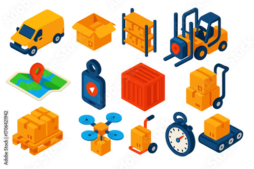 Logistics Icons Set. Isometric vector illustration set logistics and delivery: delivery van, open parcel, warehouse storage,