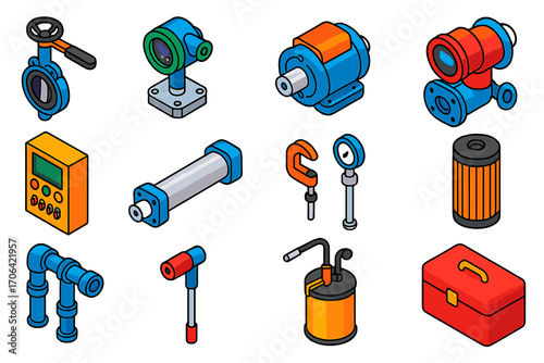 Industrial Automation Icons. Isometric vector illustration set industrial automation: butterfly valve, digital pressure