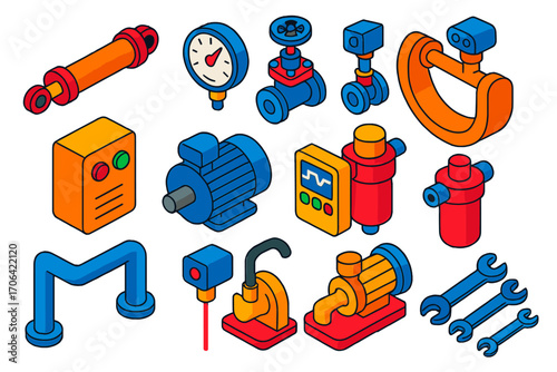 Industrial Icon Set. Isometric vector illustration set industrial automation: hydraulic actuator, mechanical pressure gauge,