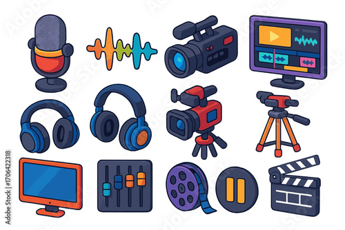 Multimedia Icon Set. Isometric vector illustration set multimedia icons for recording and editing: broadcast mic, wave signal