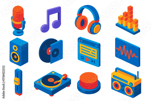 Audio Icons Collection. Isometric vector illustration set audio and music icons for digital applications and interfaces: podcast