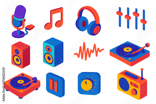 Digital Music Icons. Isometric vector illustration set audio and music icons for digital applications and interfaces: USB mic,