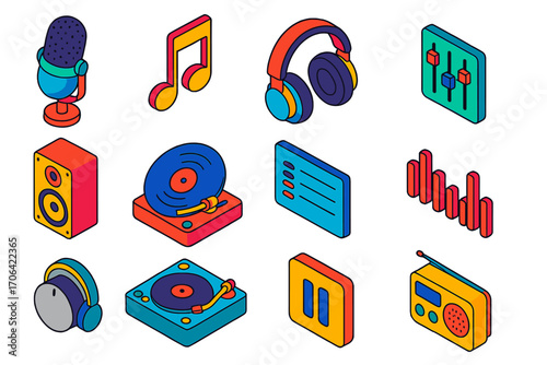 Digital Music Icons. Isometric vector illustration set audio and music icons for digital applications and interfaces: USB mic,
