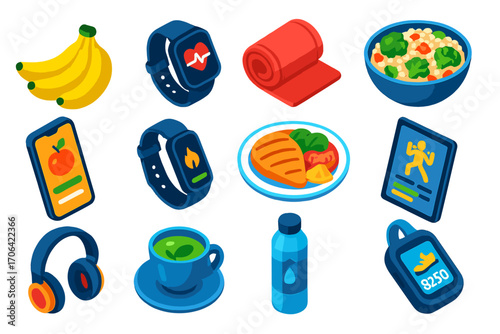 Isometric Lifestyle Icons. Isometric vector illustration set food, technology, and health themes: banana bunch, smartwatch with
