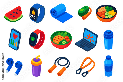 Healthy Lifestyle Icons. Isometric vector illustration set food, technology, and health themes: watermelon slice, smartwatch with