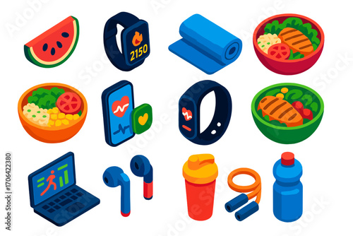 Healthy Lifestyle Icons. Isometric vector illustration set food, technology, and health themes: watermelon slice, smartwatch with