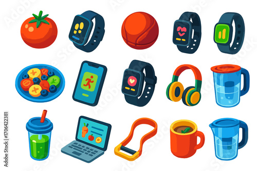 Vibrant Health & Tech Icons. Isometric vector illustration set food, technology, and health themes: tomato, smartwatch showing