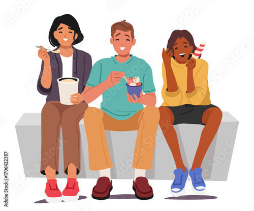 Happy teenage students smiling and laughing while eating ice-cream sweet treats of different flavor