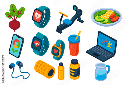 Isometric Health Icons. Isometric vector illustration set food, technology, and health themes: beetroot, smartwatch heart rate