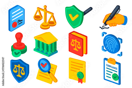 Legal Icons Set. Isometric vector illustration set legal and compliance icons: signed contract file, silver law balance,