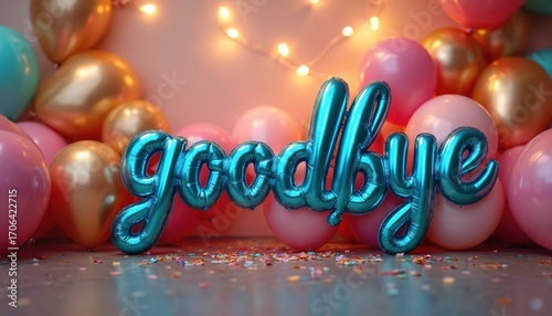Shiny blue Goodbye balloons float amongst pastel pink, gold spheres, set against backdrop of warm fairy lights, scattered confetti. Vibrant scene captures festive farewell, celebrating transitions,