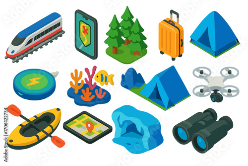 Vibrant Travel Icons. Isometric vector illustration set travel, technology, and nature themes: express train, phone with offline