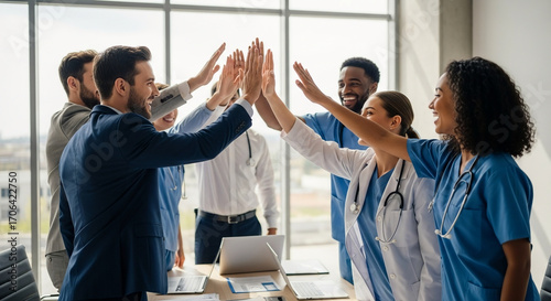 Healthcare Team Celebration Diverse Doctors and Staff High-Fiving in Hospital Office, Showcasing Collaboration and Success