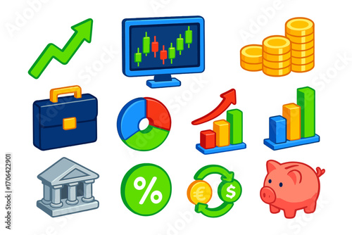 Financial Growth Icons. Isometric vector illustration set representing financial growth and trading trends in modern design: