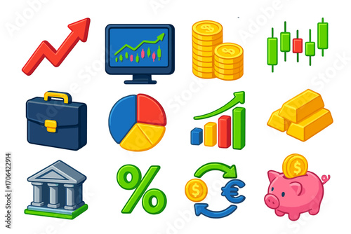 Financial Growth Icons. Isometric vector illustration set representing financial growth and trading trends in modern design: