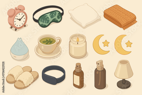 Sleep and Wellness Icons. Isometric vector illustration set sleep and wellness icons featuring alarm clock and night mask: pink