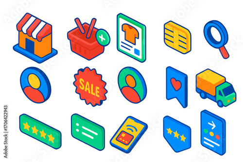 E-commerce Icon Set. Isometric vector illustration set e-commerce and user interface design: shopfront logo, add product to basket