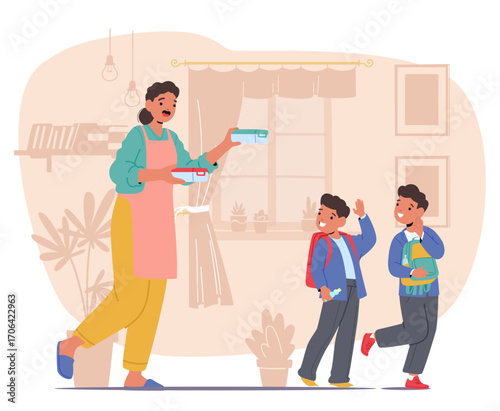 Family morning daily activities cartoon scene with happy mother taking to school her beloved sons