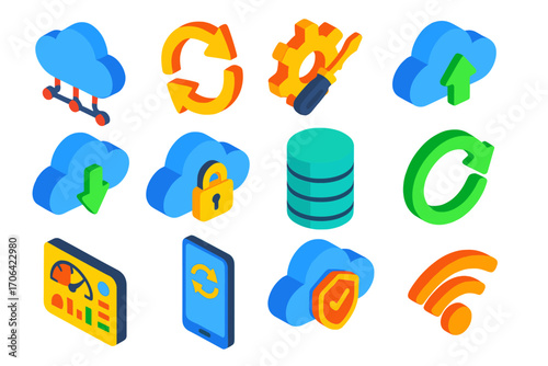 Vibrant Cloud Tech Icons. Isometric vector illustration set technology icons for cloud, sync, and settings: cloud network, update