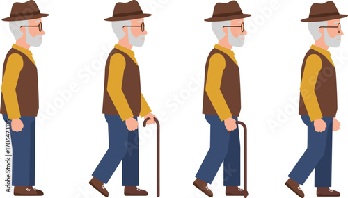 elderly man, walking, cane, side view, motion sequence, senior, animation, mobility aid, beard, glasses, vest, hat, aging, health, illustration, character design, gait study, old age, cartoon