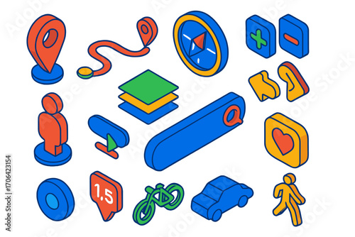 Colorful Navigation Icons. Isometric vector illustration set Navigation UI: map pin, route line, compass icon, zoom controls,