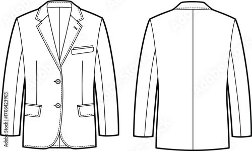 Men’s blazer technical fashion sketch, front and back view, notched lapel, flap pockets, garment construction, tailoring template, apparel illustration