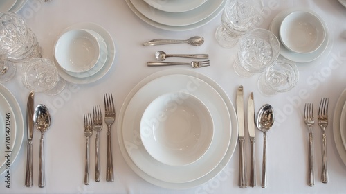 Elegant Table Setting - White Plates, Silverware, and Crystal Glasses for Formal Dining.