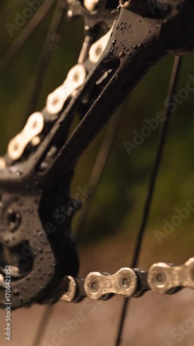 Bicycle chain macro Close-up of a clean bicycle chain and gears in motion, concept of cycling, sport, and adventure