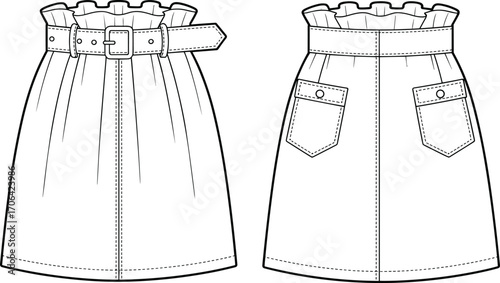 High-waisted paper bag skirt fashion sketch, front and back view, technical drawing, belt detail, flap pockets, garment construction illustration