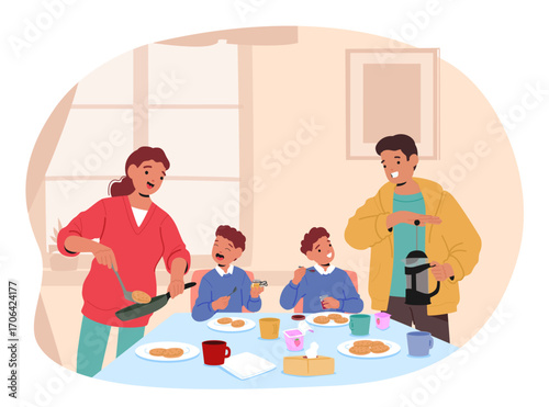 Family morning routine cartoon scene with parents caring for children cooking breakfast and drinks