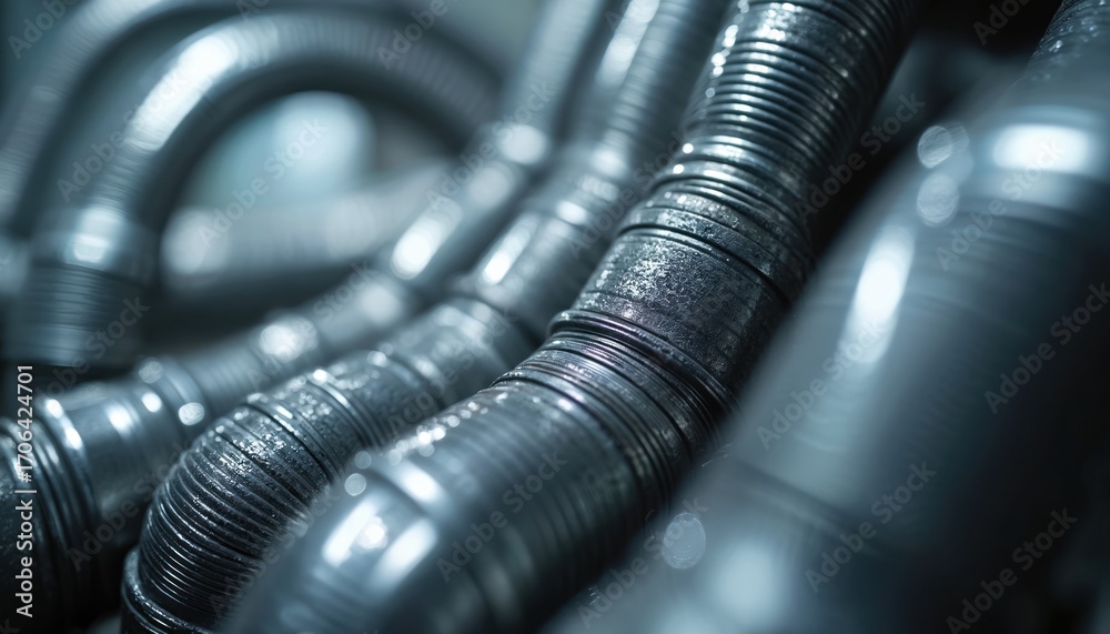 Fototapeta premium Close-up texture of shiny corrugated metal pipes, industrial background. Various tubing segments in shades of grey with metallic sheen. Shows intricate ribbed surface details.