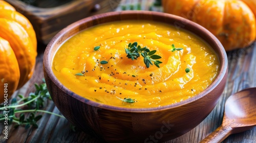 Pumpkin soup with cream, parsley and pumpkin seeds in a cup on the table. A traditional autumn dish.