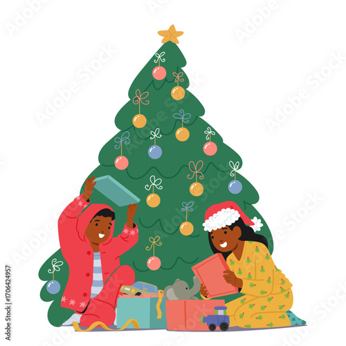 Happy children unwrapping present box prepared for Christmas celebration while sitting by Xmas tree