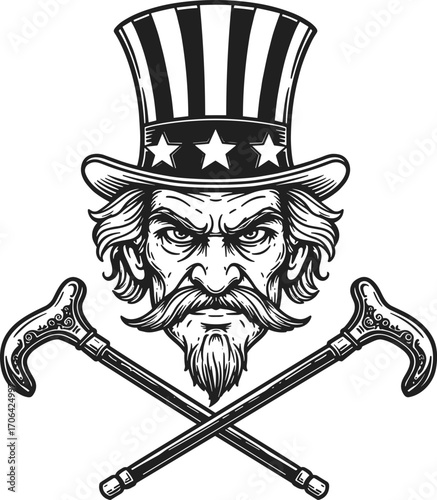 Uncle Sam, patriotic, illustration, top hat, stars, stripes, beard, mustache, stern face, crossed canes, vintage, bold, American, identity, rebellion, black and white, symbolic, character, strong gaze