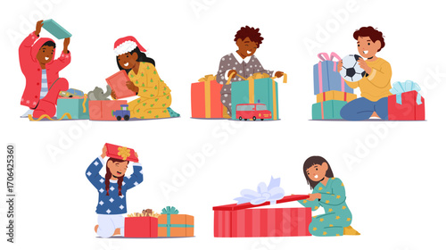 Happy children surprised and satisfied with good present on Christmas holiday or birthday party