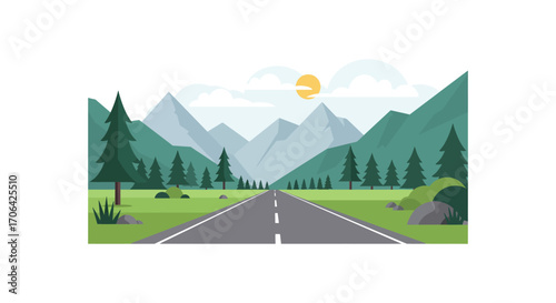 a scenic road leading through lush green mountains under sunny sky