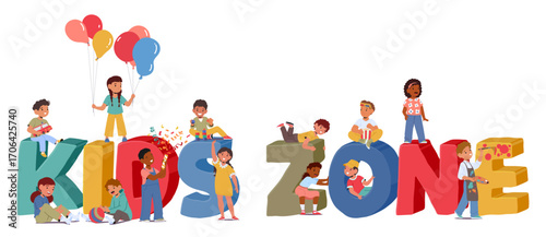 Colorful kids zone huge letters with cute children enjoying different gaming and learning activities