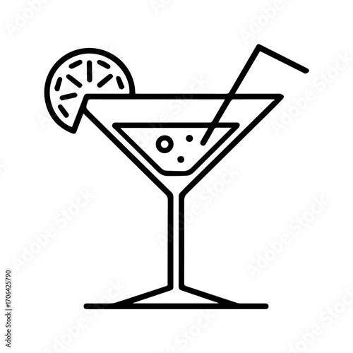 Elegant martini glass with lemon garnish and straw, perfect for bar menus, cocktail recipes, or modern minimalist designs and upscale beverage promotions